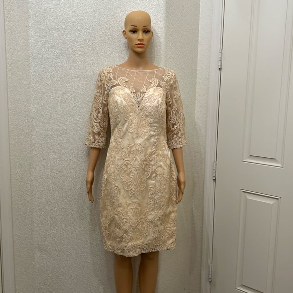 Wedding Dress Champagne Beige Boat Neck 3/4 Sleeve Corset Tie Back Midi